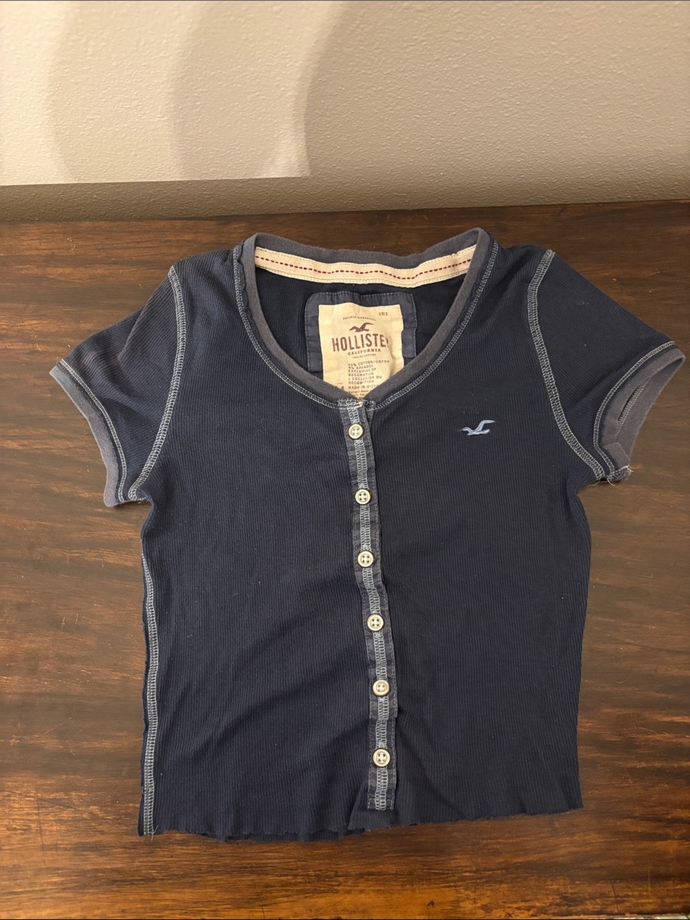 Hollister Navy Short Sleeve Button-Down Top with Light Blue Trim